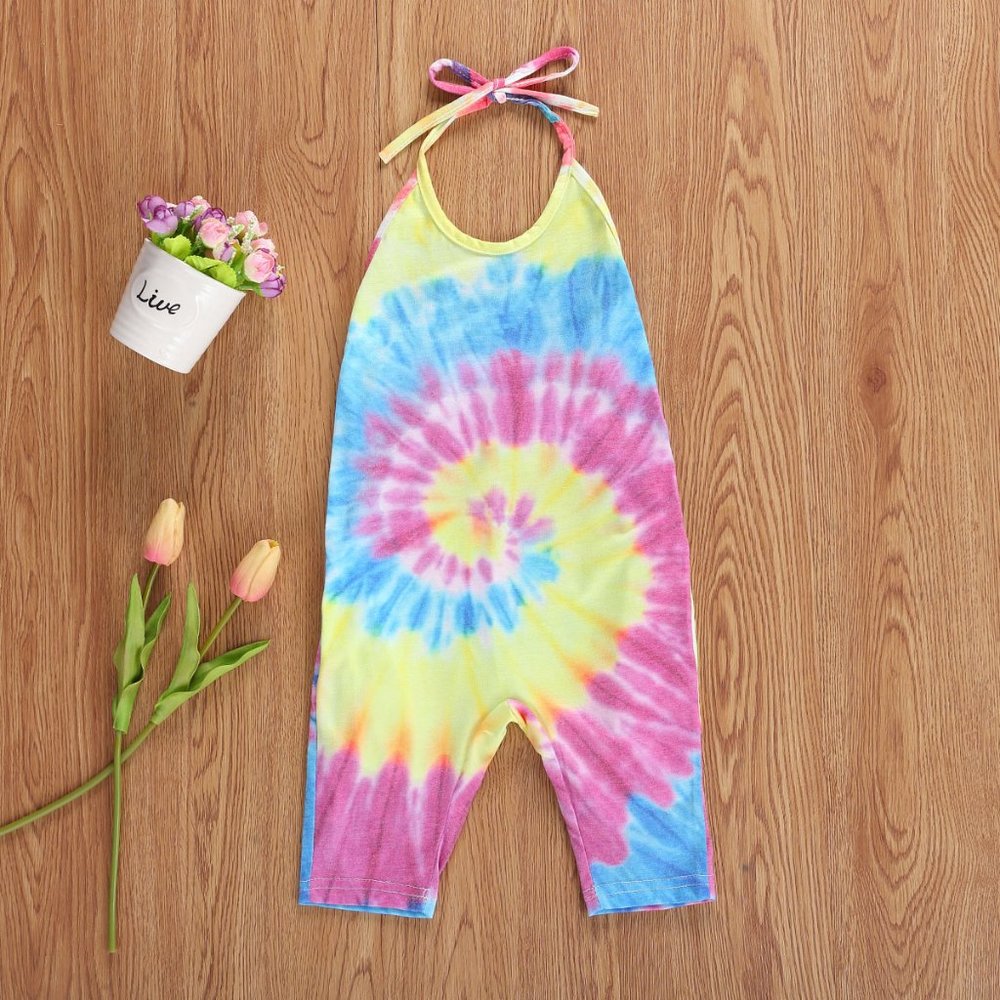 Multicolor Tie-Dye Cotton Little Girl Halter Overall Romper